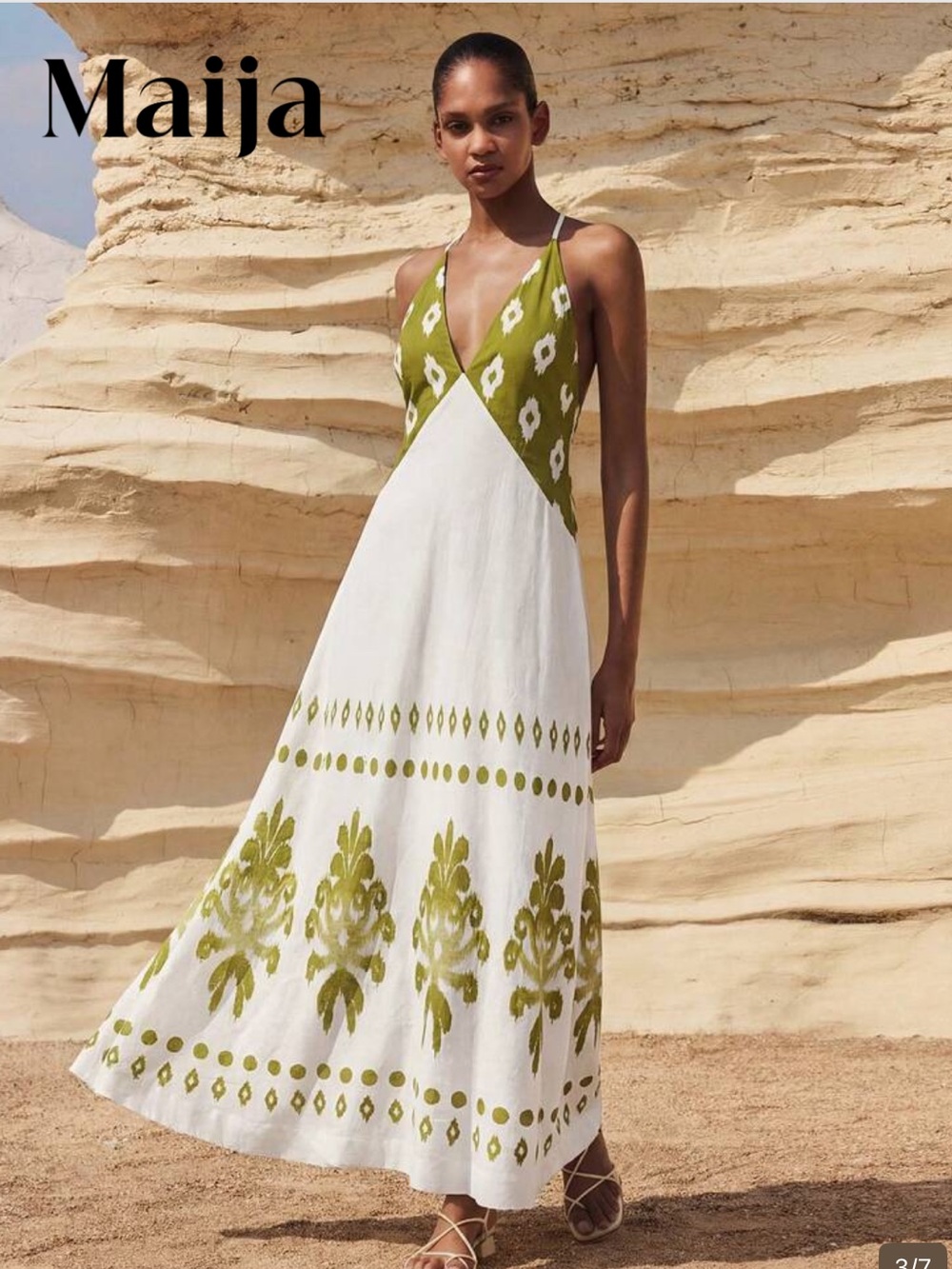 majia Olive Green and White V-Neck Maxi Dress